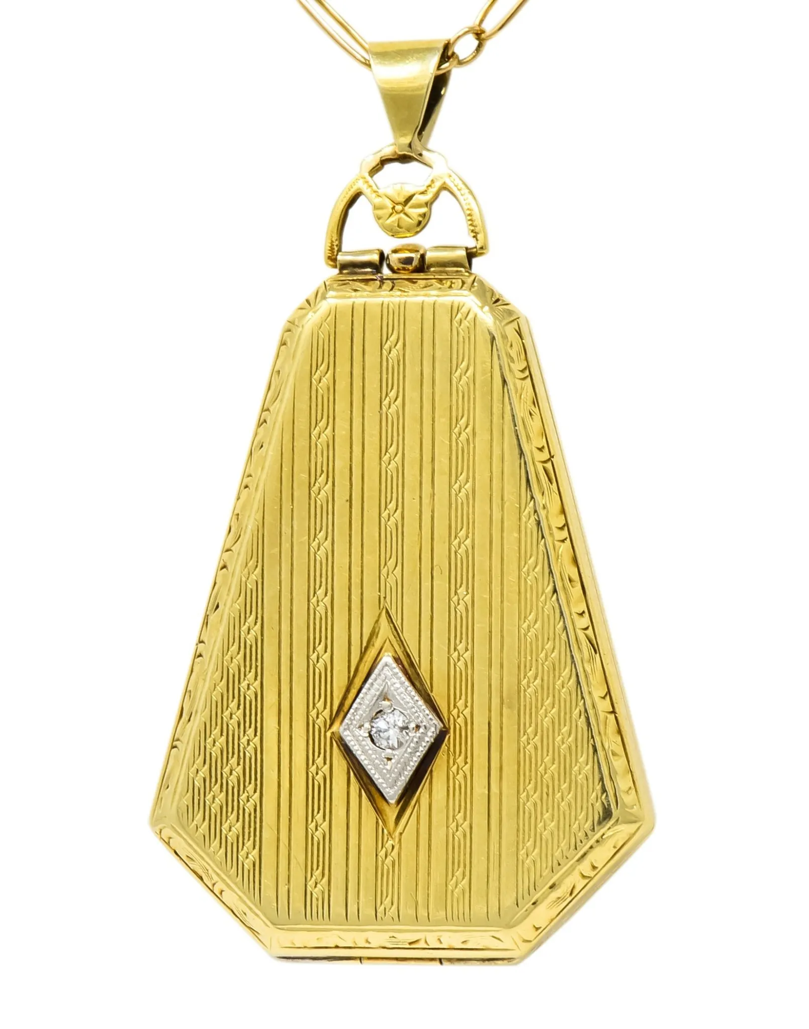 1920’s Art Deco Diamond 14 Karat Gold Locket Pendant Necklace