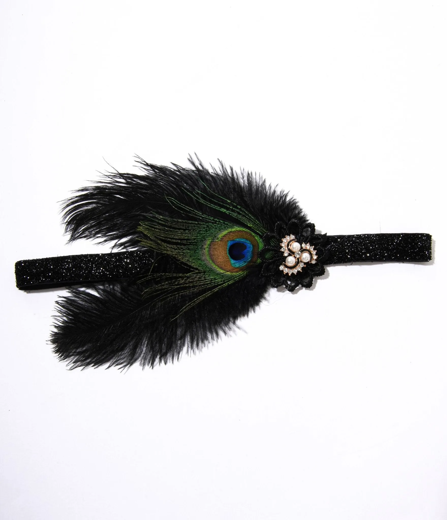 1920s Peacock Feather & Pearl Gem Flapper Headband