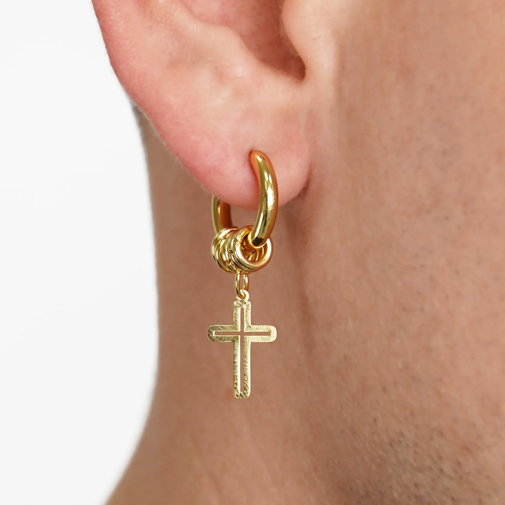 4 Hoops Carved Cross Earring - Gold Plated Stainless Steel