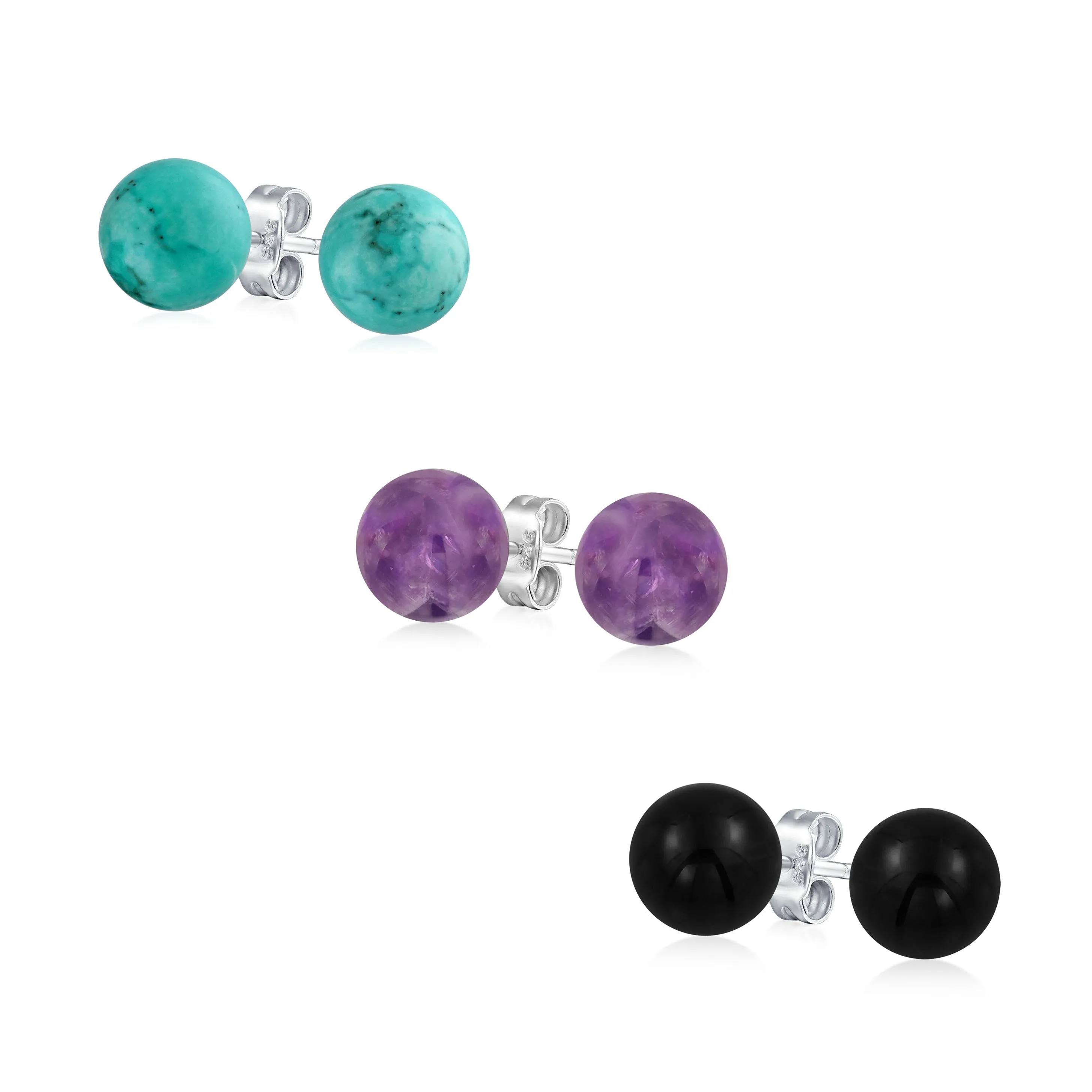 8mm Natural Gemstone Stud Earrings .925 Sterling Silver Birthstone Variety