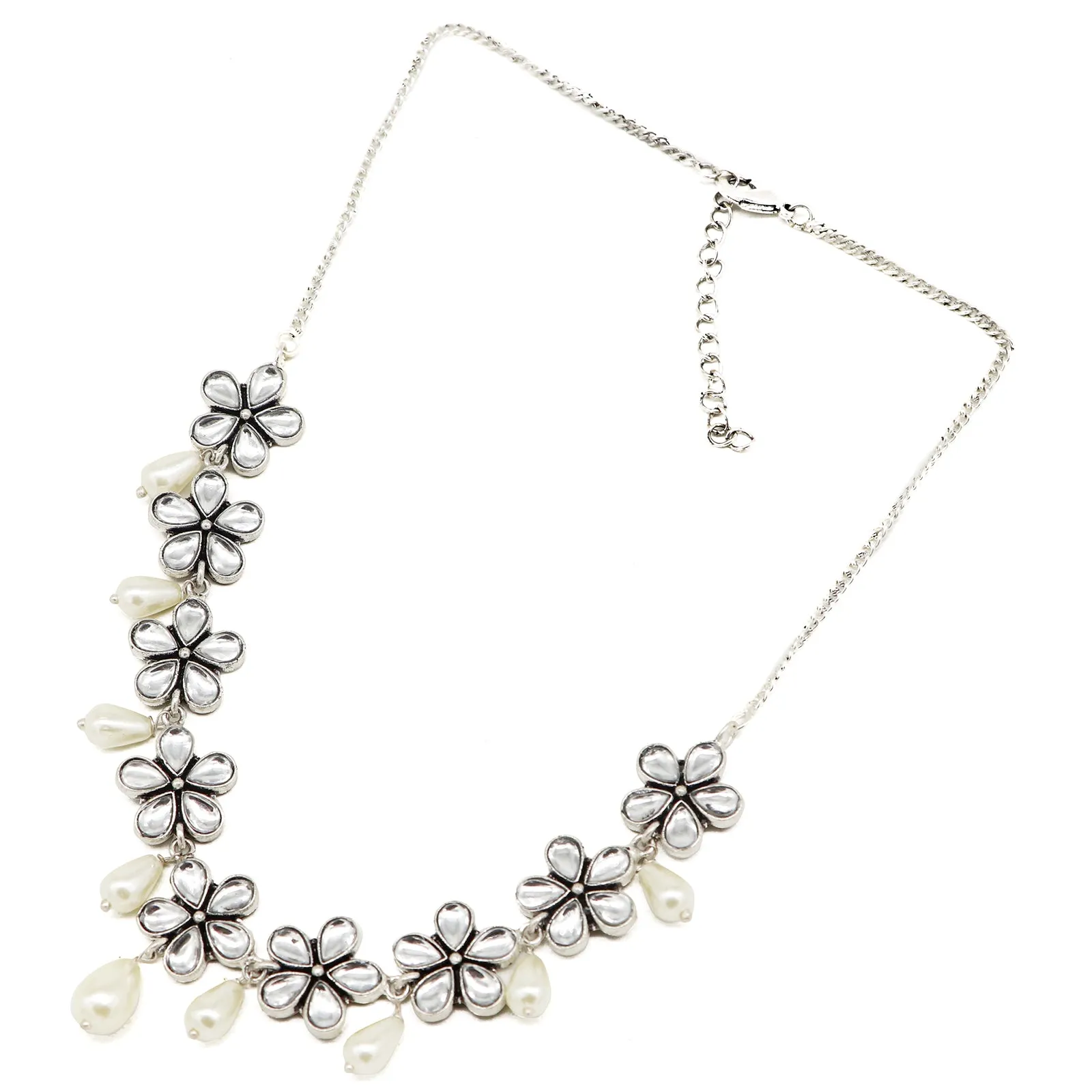 Abhita Floral Polki Silver Oxidized Necklace