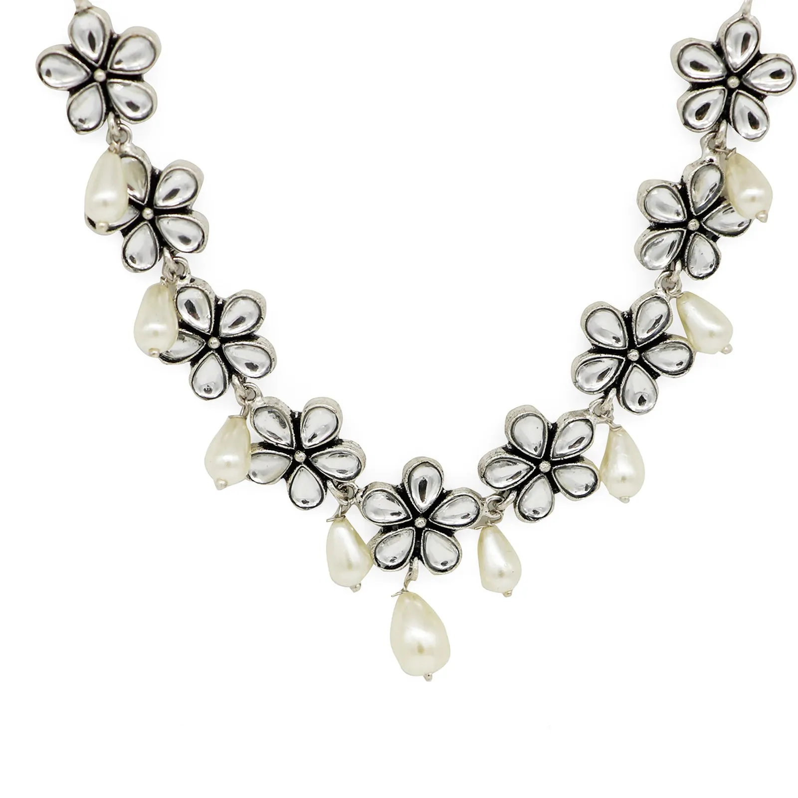 Abhita Floral Polki Silver Oxidized Necklace