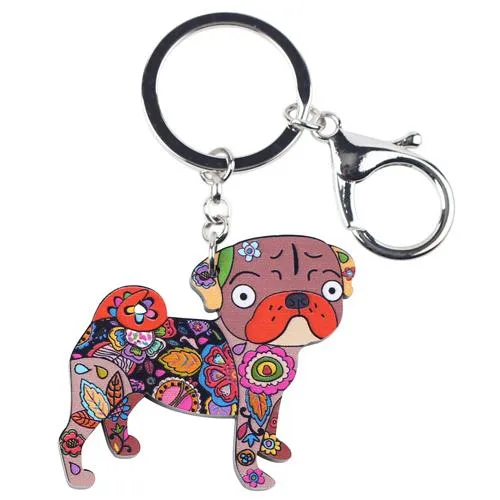 Acrylic Terrier Pug Dog Key Chain Key Ring Pom Gift for Women