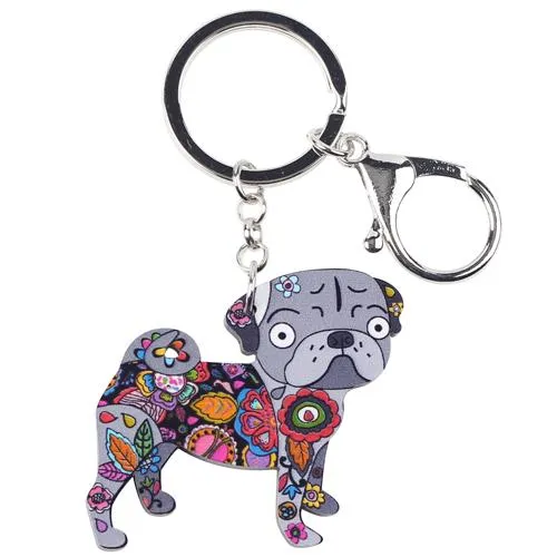 Acrylic Terrier Pug Dog Key Chain Key Ring Pom Gift for Women