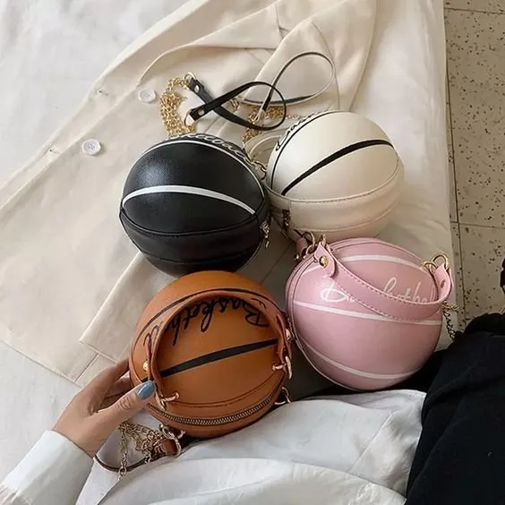 Basketball Shape Handbag - Soft PU Leather Round Crossbody Thick Chain Hand Bags for Women