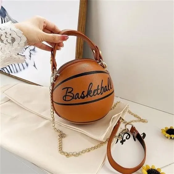 Basketball Shape Handbag - Soft PU Leather Round Crossbody Thick Chain Hand Bags for Women