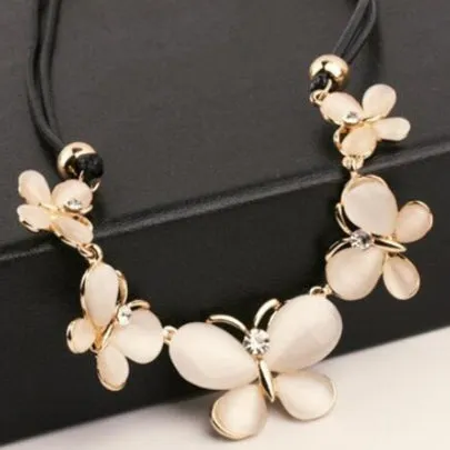 Beatiful Opal Butterfly Design Black Leather Necklace