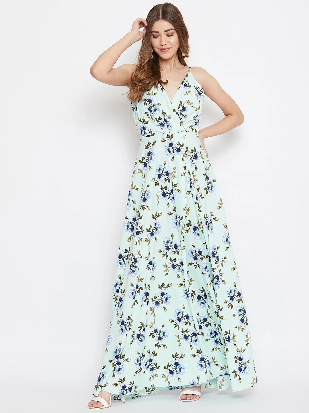 Berrylush Women Green & Turquoise Blue Floral Printed V-Neck Thigh-High Slit Fit & Flare Maxi Dress