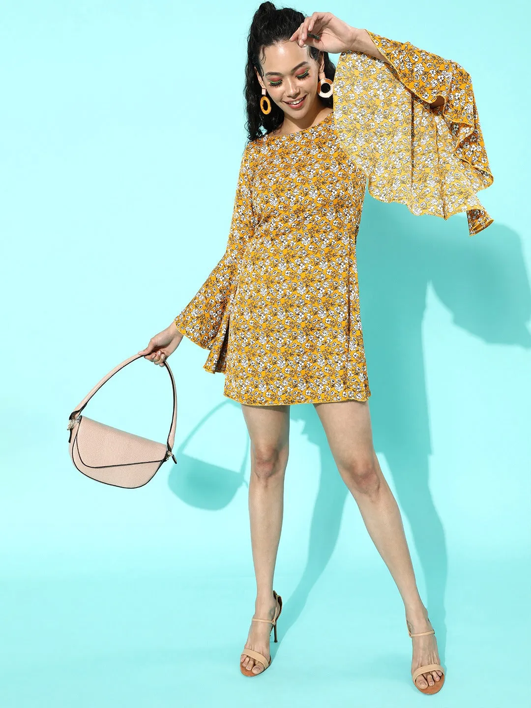 Berrylush Women Mustard Yellow Floral Printed Round-Neck Crepe A-Line Mini Dress