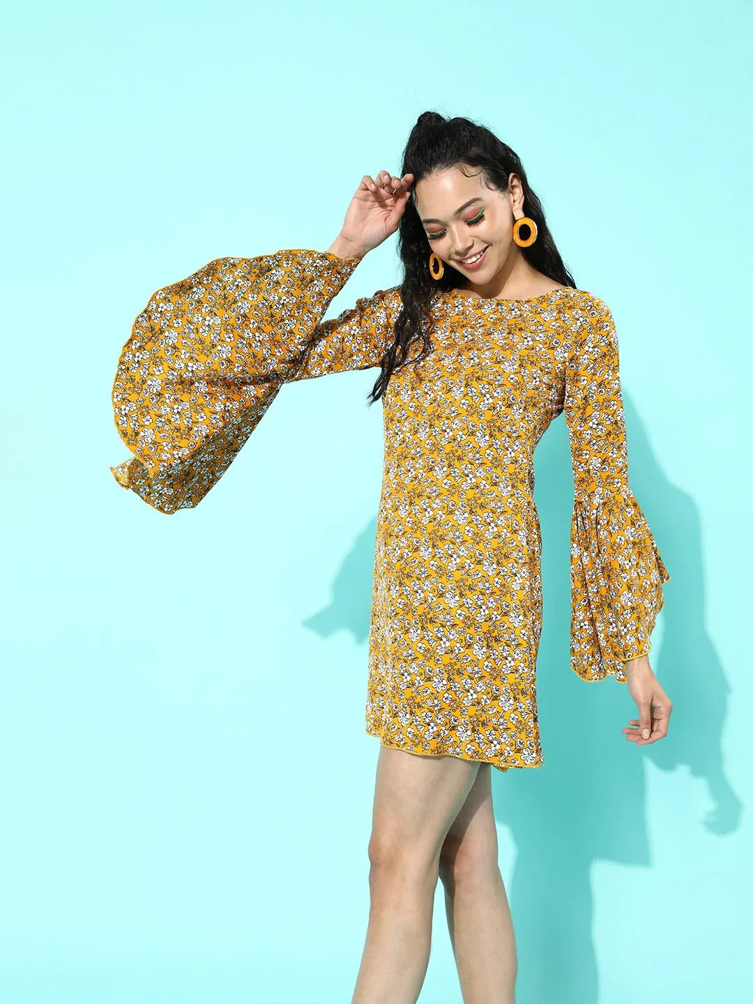 Berrylush Women Mustard Yellow Floral Printed Round-Neck Crepe A-Line Mini Dress