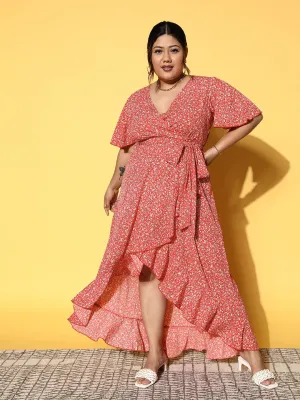 Berrylush Women Plus Size Coral Orange & White Floral Printed V-Neck Waist Tie-Up Crepe Flounce Hem Wrap Maxi Dress