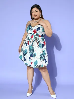 Berrylush Women Plus Size White & Blue Tropical Printed V-Neck Sleeveless Pleated Fit & Flare Mini Dress