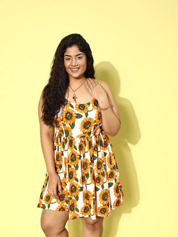 Berrylush Women Plus Size Yellow & White Sunflower Printed Scoop Neck Cotton Lace-Up Back Fit & Flare Mini Dress