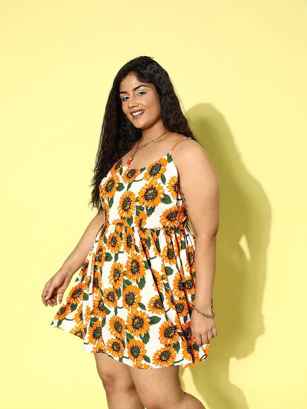 Berrylush Women Plus Size Yellow & White Sunflower Printed Scoop Neck Cotton Lace-Up Back Fit & Flare Mini Dress