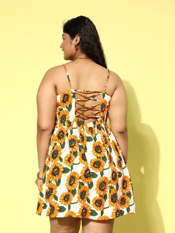 Berrylush Women Plus Size Yellow & White Sunflower Printed Scoop Neck Cotton Lace-Up Back Fit & Flare Mini Dress