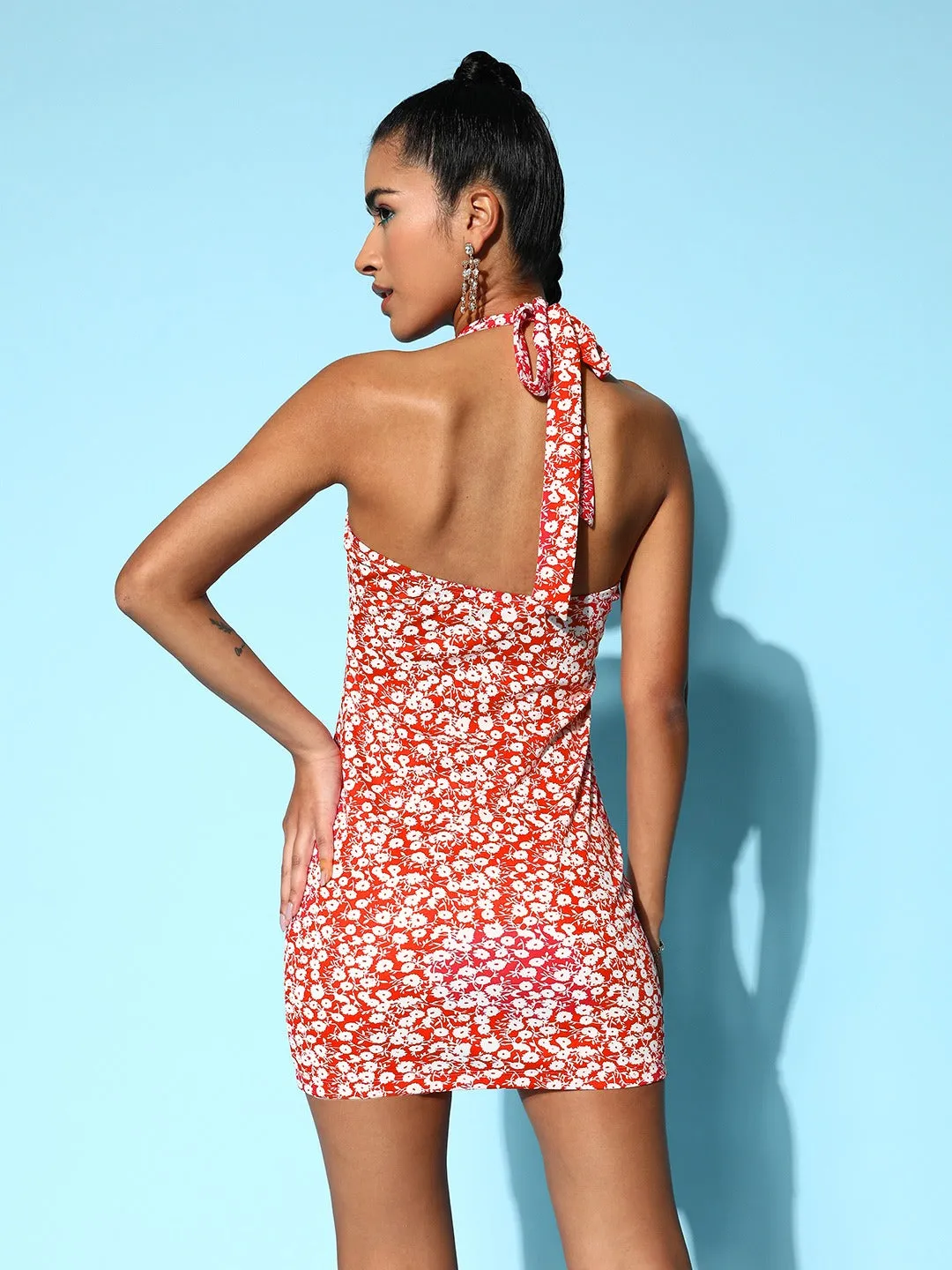 Berrylush Women Red & White Floral Printed Halter Neck Back Tie-Up Crepe Backless Straight Hem Bodycon Mini Dress