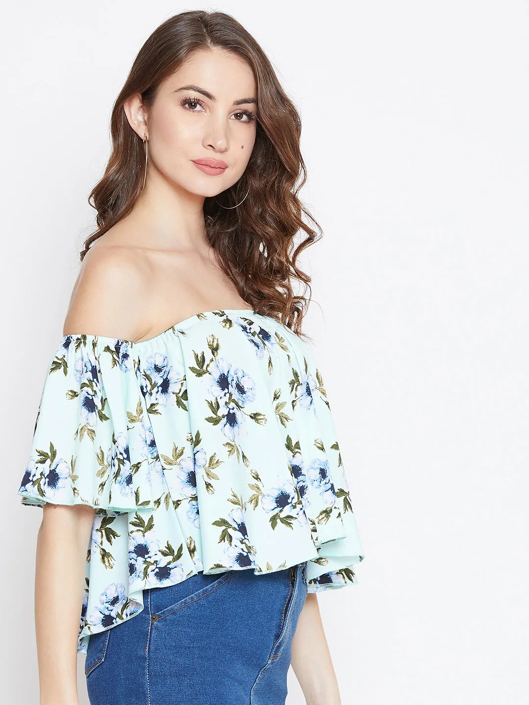 Berrylush Women Sea Green & Blue Floral Printed Off-Shoulder Strapless Bardot Top