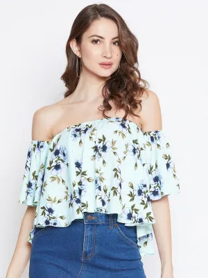 Berrylush Women Sea Green & Blue Floral Printed Off-Shoulder Strapless Bardot Top