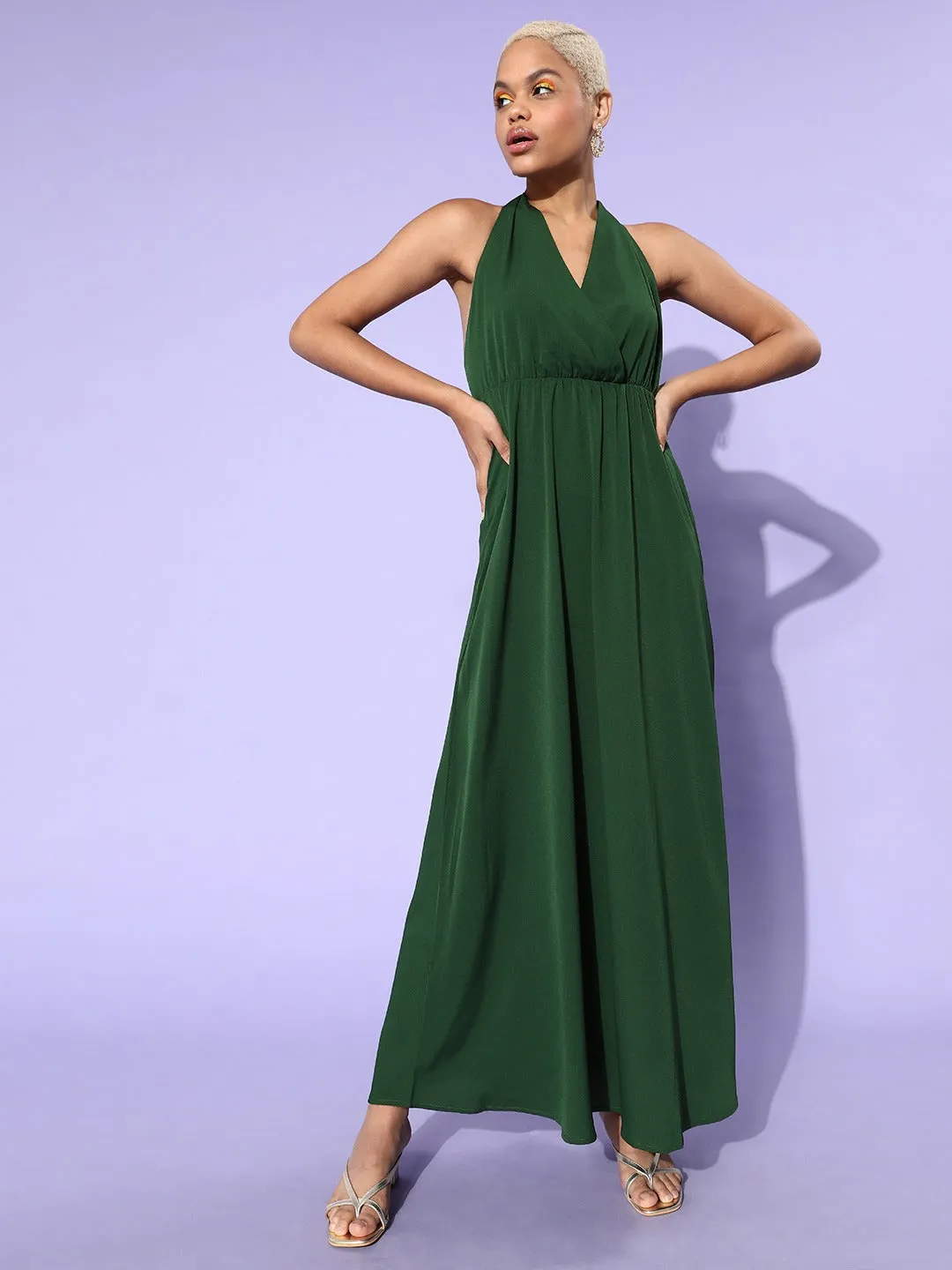 Berrylush Women Solid Green Halter Neck Sleeveless Crepe Maxi Dress