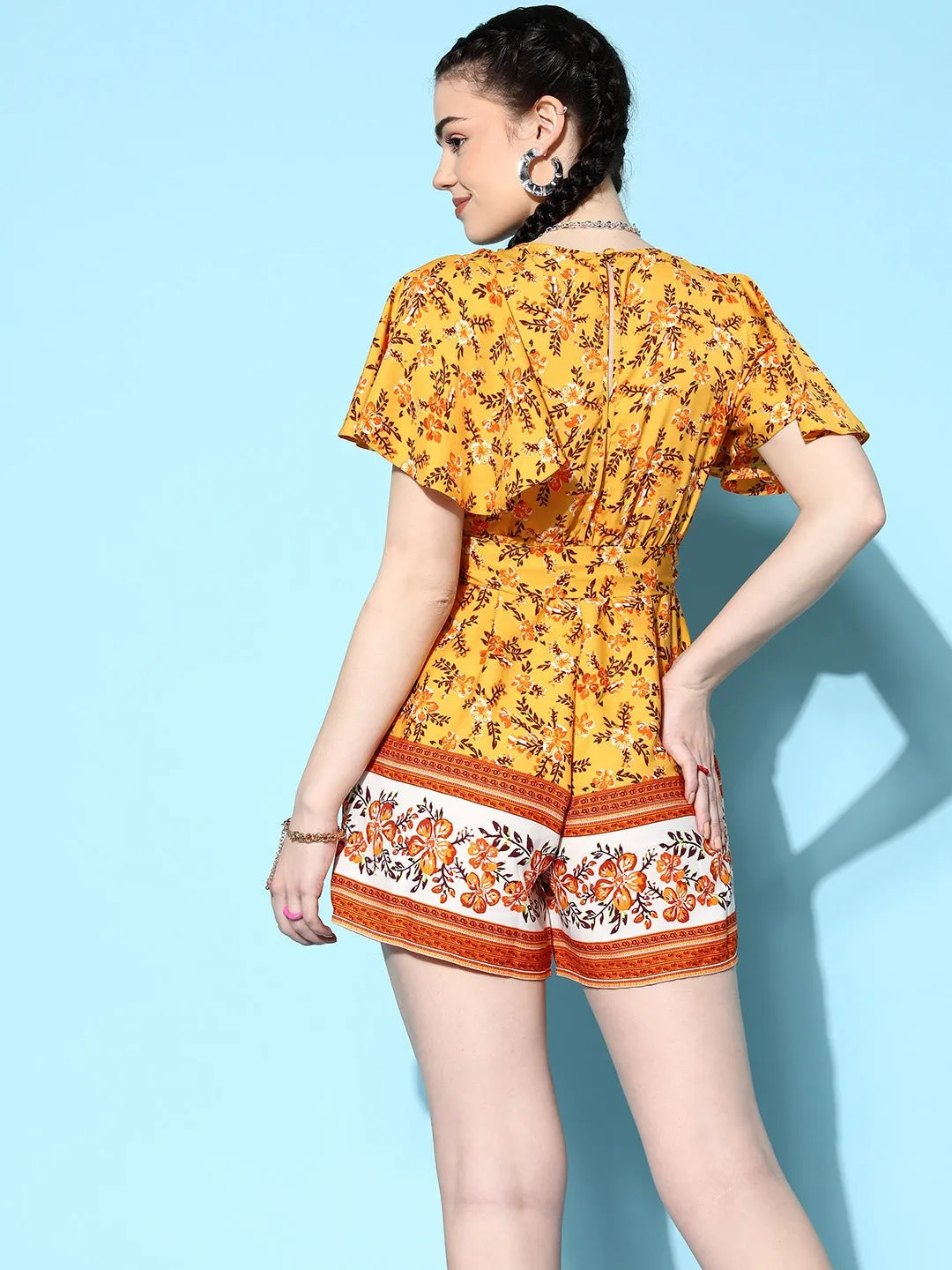 Berrylush Women Yellow & Orange Floral Printed V-Neck Waist Tie-Up Wrap Mini Playsuit