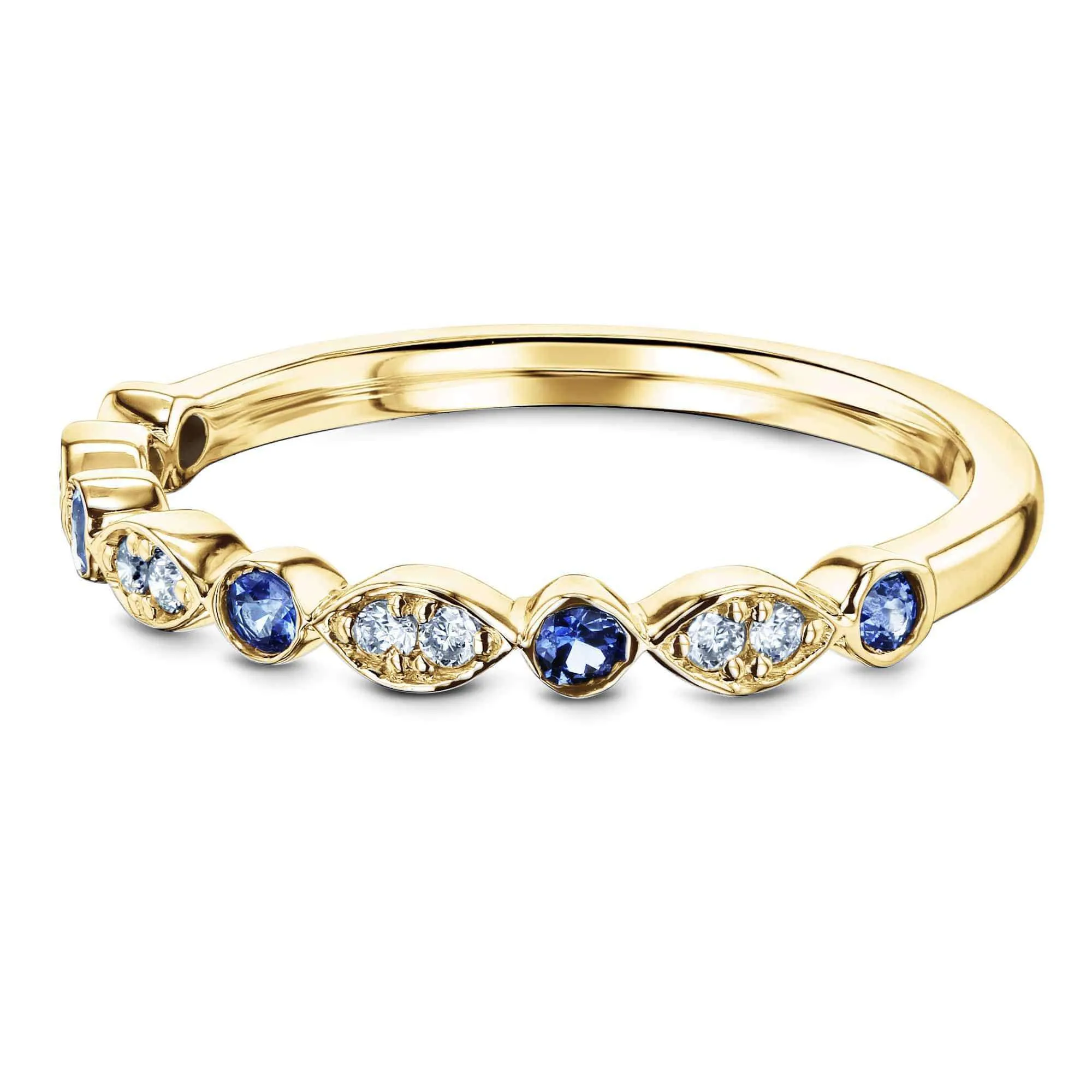 Bezel Sapphire Pave Diamond Patterned Gold Band