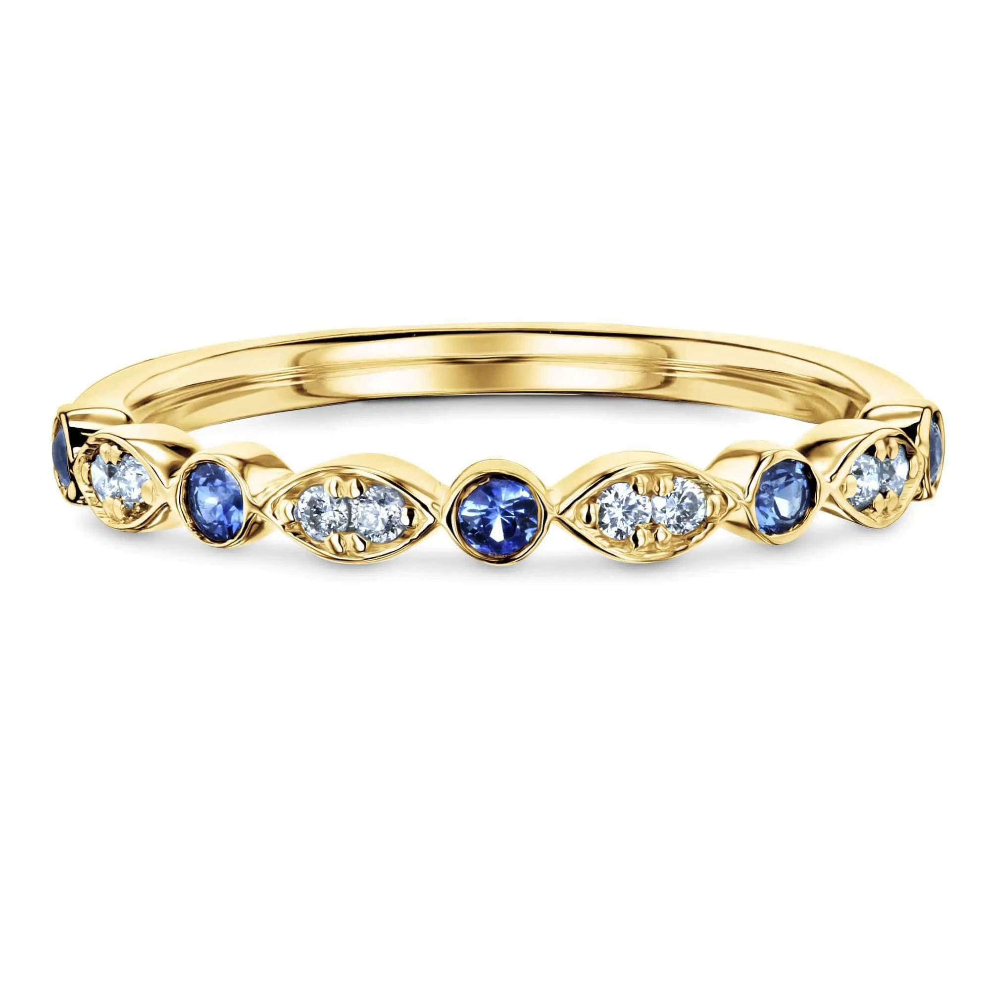 Bezel Sapphire Pave Diamond Patterned Gold Band