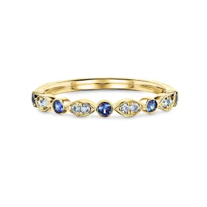 Bezel Sapphire Pave Diamond Patterned Gold Band