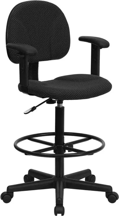 Black Patterned Fabric Drafting Chair with Adjustable Arms - BT-659-BLK-ARMS-GG