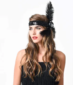 Black Sequined Glitter Rose & Feather Flapper Headband