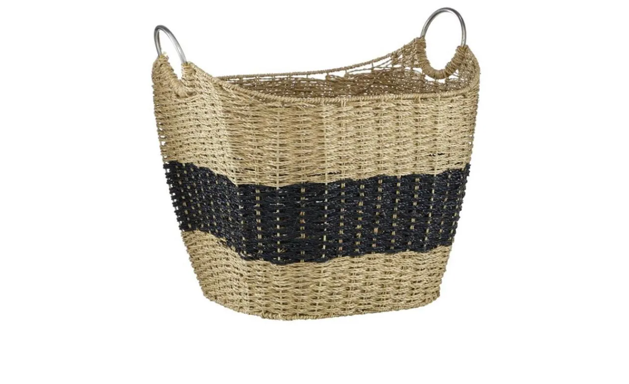 BROWN SEAGRASS HANDMADE TWO TONED STORAGE BASKET WITH METAL HANDLES