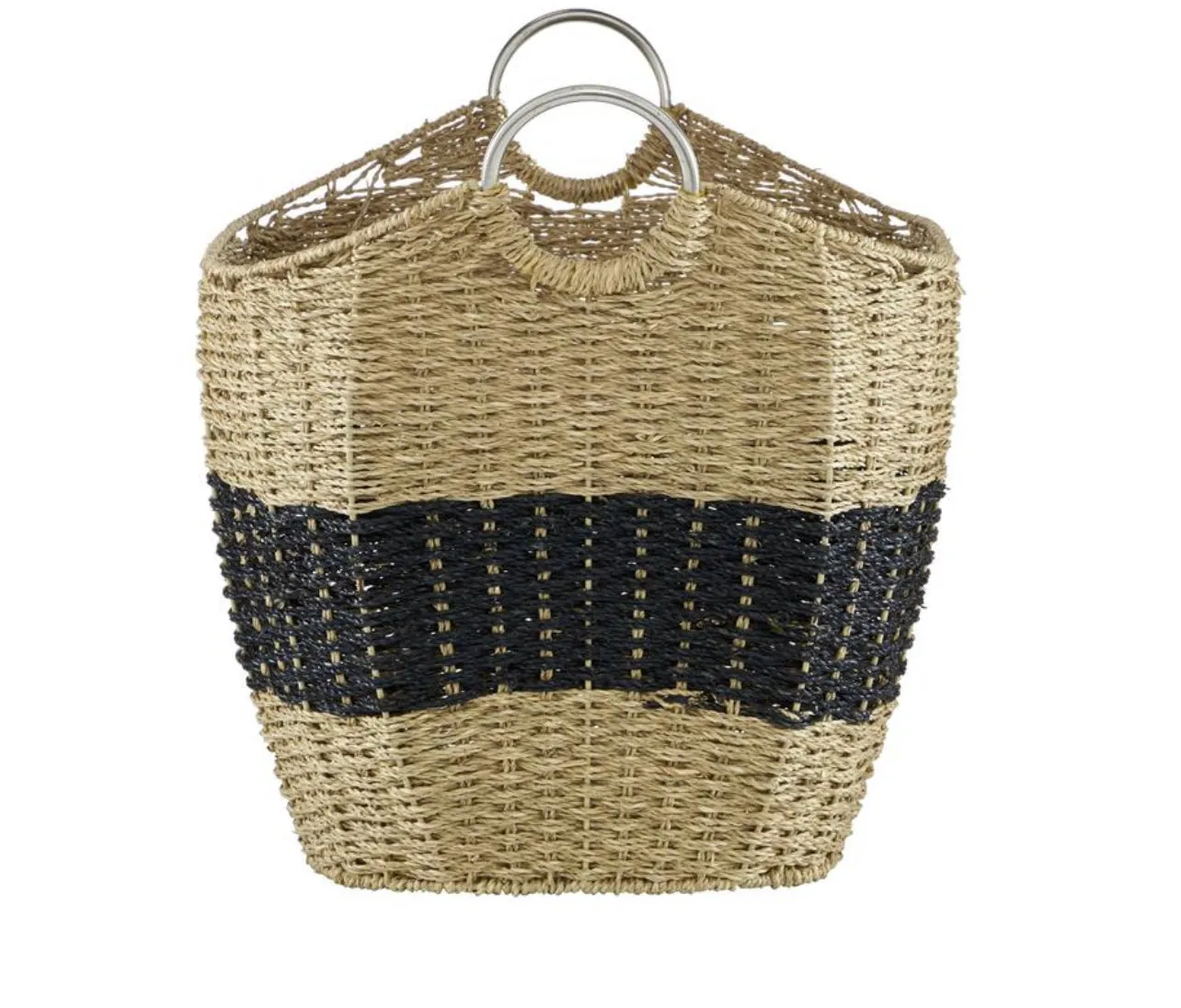 BROWN SEAGRASS HANDMADE TWO TONED STORAGE BASKET WITH METAL HANDLES