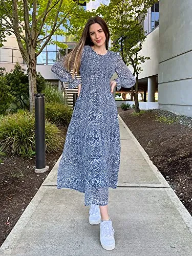 BTFBM Women Casual Long Sleeve Crew Neck Fall Dress Bohemian Relaxed Fit Floral Flowy Maxi Dresses Tiered Cocktail Dress（Floral Dark Blue, X-Large