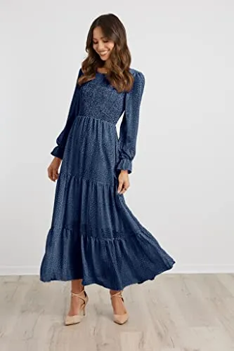 BTFBM Women Casual Long Sleeve Crew Neck Fall Dress Bohemian Relaxed Fit Floral Flowy Maxi Dresses Tiered Cocktail Dress（Floral Dark Blue, X-Large