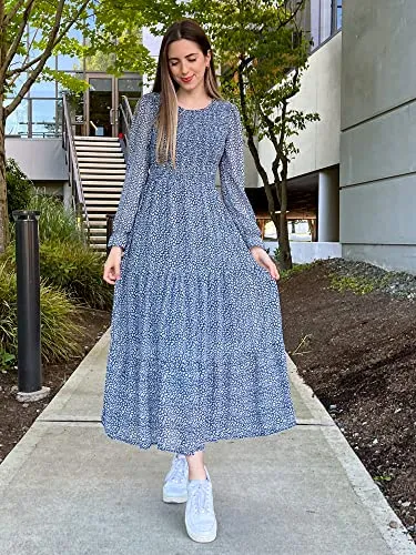 BTFBM Women Casual Long Sleeve Crew Neck Fall Dress Bohemian Relaxed Fit Floral Flowy Maxi Dresses Tiered Cocktail Dress（Floral Dark Blue, X-Large