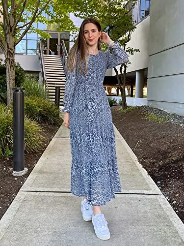 BTFBM Women Casual Long Sleeve Crew Neck Fall Dress Bohemian Relaxed Fit Floral Flowy Maxi Dresses Tiered Cocktail Dress（Floral Dark Blue, X-Large