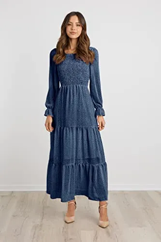 BTFBM Women Casual Long Sleeve Crew Neck Fall Dress Bohemian Relaxed Fit Floral Flowy Maxi Dresses Tiered Cocktail Dress（Floral Dark Blue, X-Large