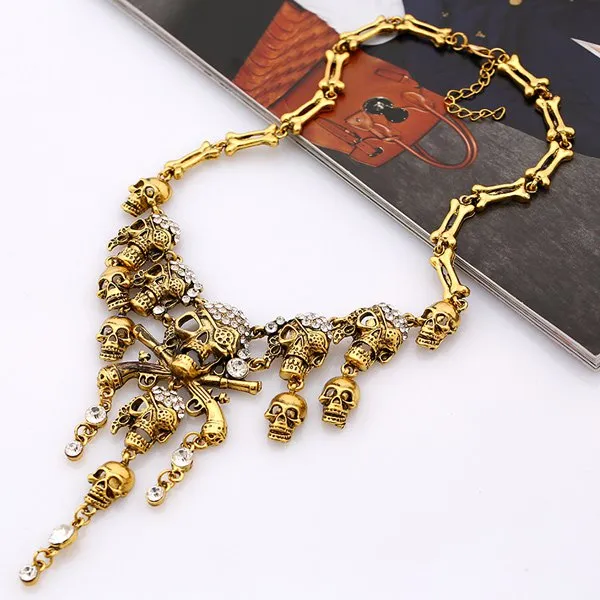 Cheap Vintage Rhinestone Skull Bone Necklace