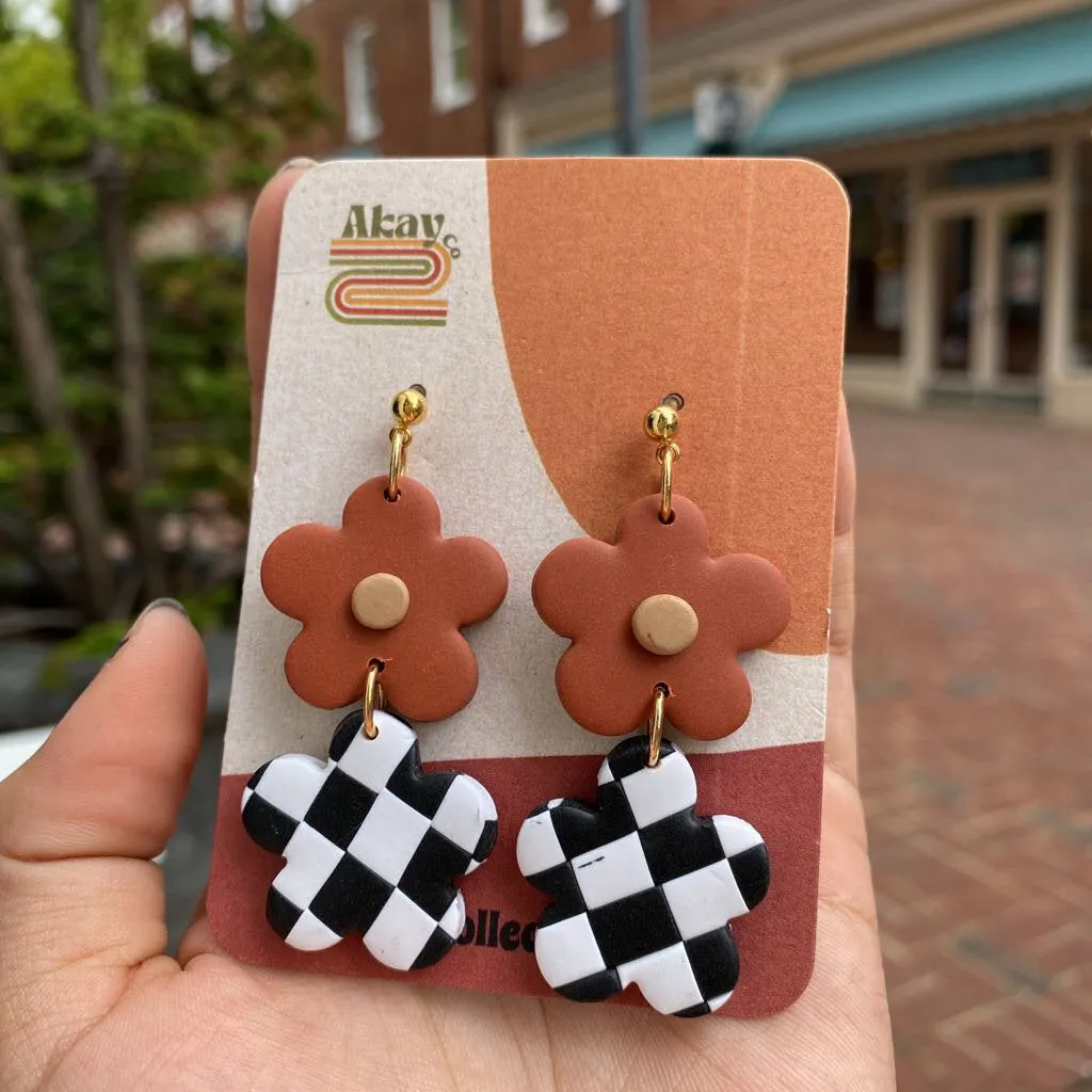 Checkered Flower Dangle Earrings