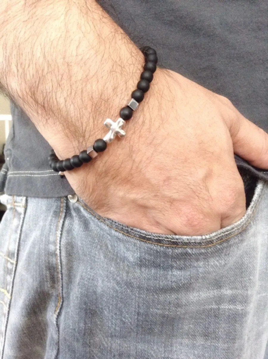 Cross Sideways Men Bead Bracelet, Valentines Gift for Him