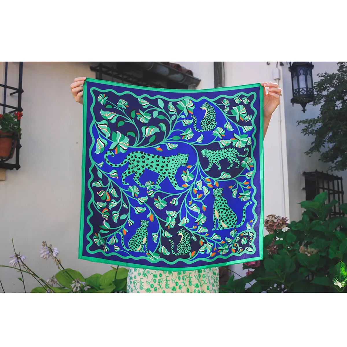 Double Sided Silk Scarf Of Leopards In The Verdant Wild