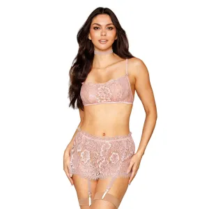 Dreamgirl Eyelash Lace Bralette Garter Skirt Choker Set Rosettes 13279 - Rose