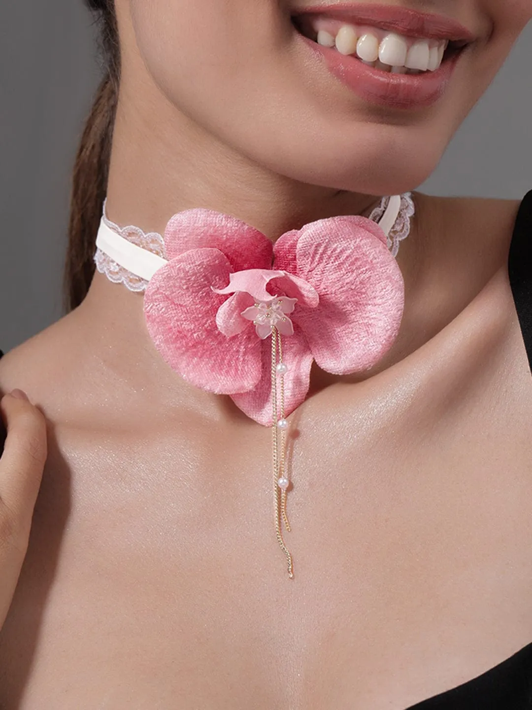 Elegant Pink Orchid Flower Choker Necklace with Lace Detailing