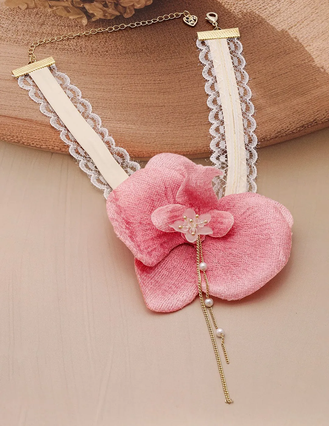 Elegant Pink Orchid Flower Choker Necklace with Lace Detailing