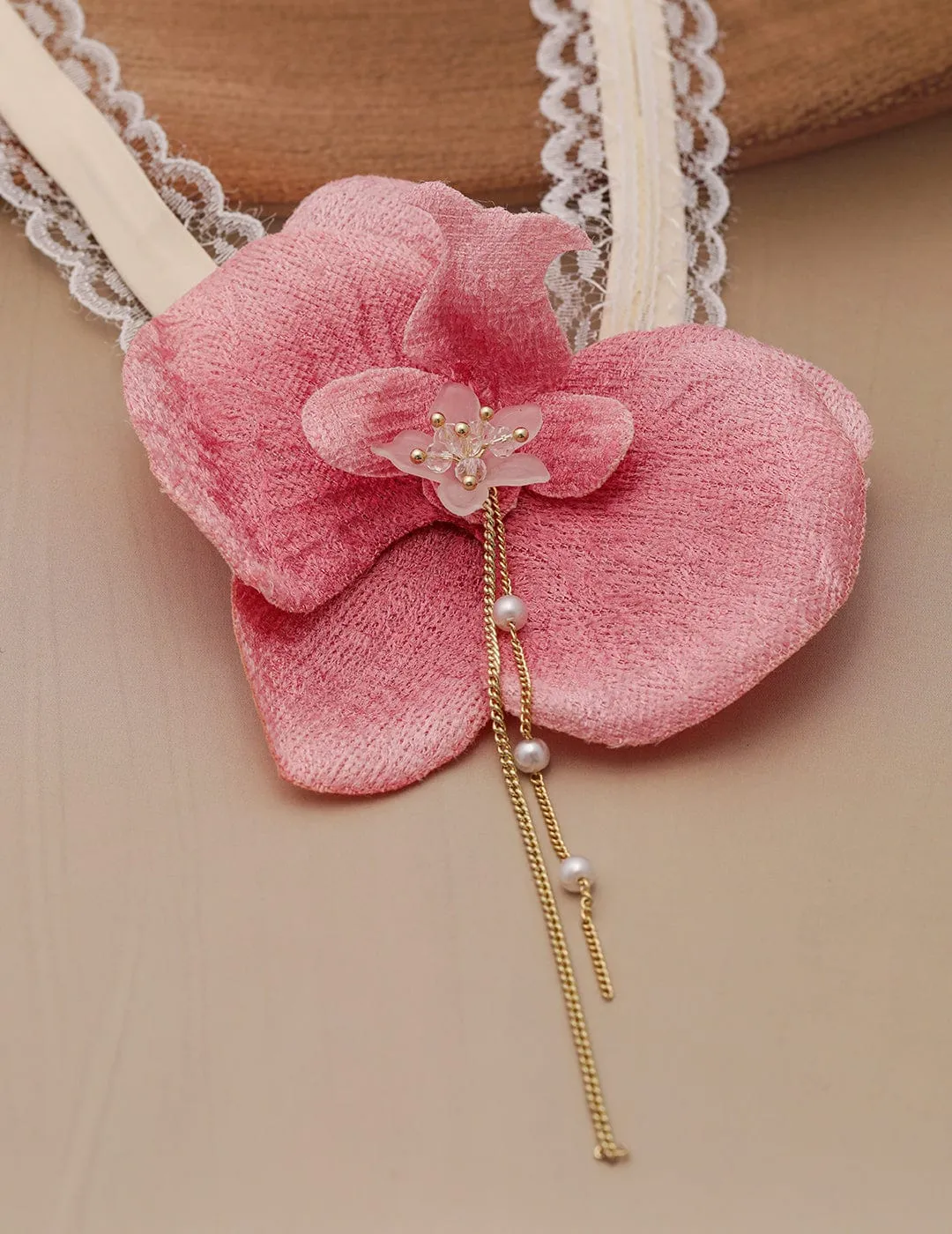 Elegant Pink Orchid Flower Choker Necklace with Lace Detailing