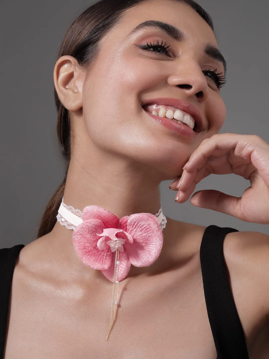 Elegant Pink Orchid Flower Choker Necklace with Lace Detailing