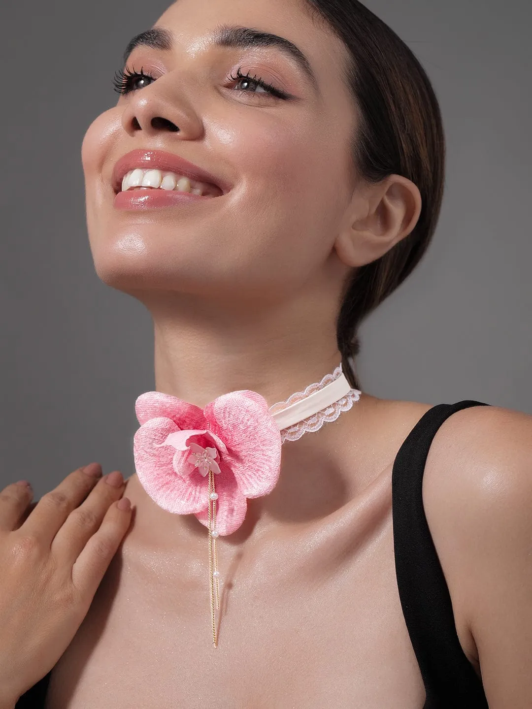 Elegant Pink Orchid Flower Choker Necklace with Lace Detailing