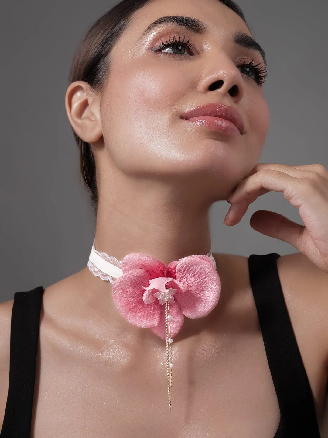 Elegant Pink Orchid Flower Choker Necklace with Lace Detailing