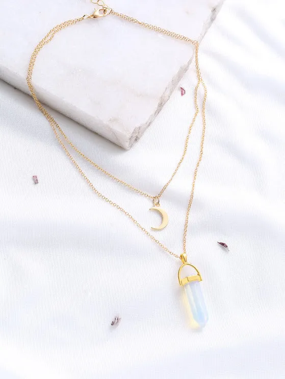 Fashion Gold Crystal And Crescent Pendant Layered Necklace