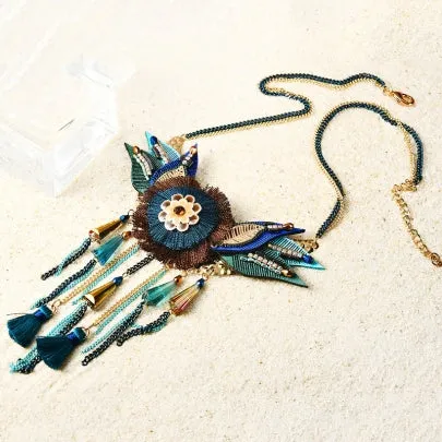 Flower Bohemian Necklace Color Blocking Tassel Leaf