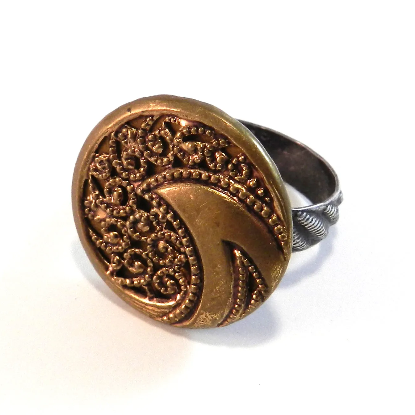 Golden Wave - Antique Button Ring - Size 8 1/2